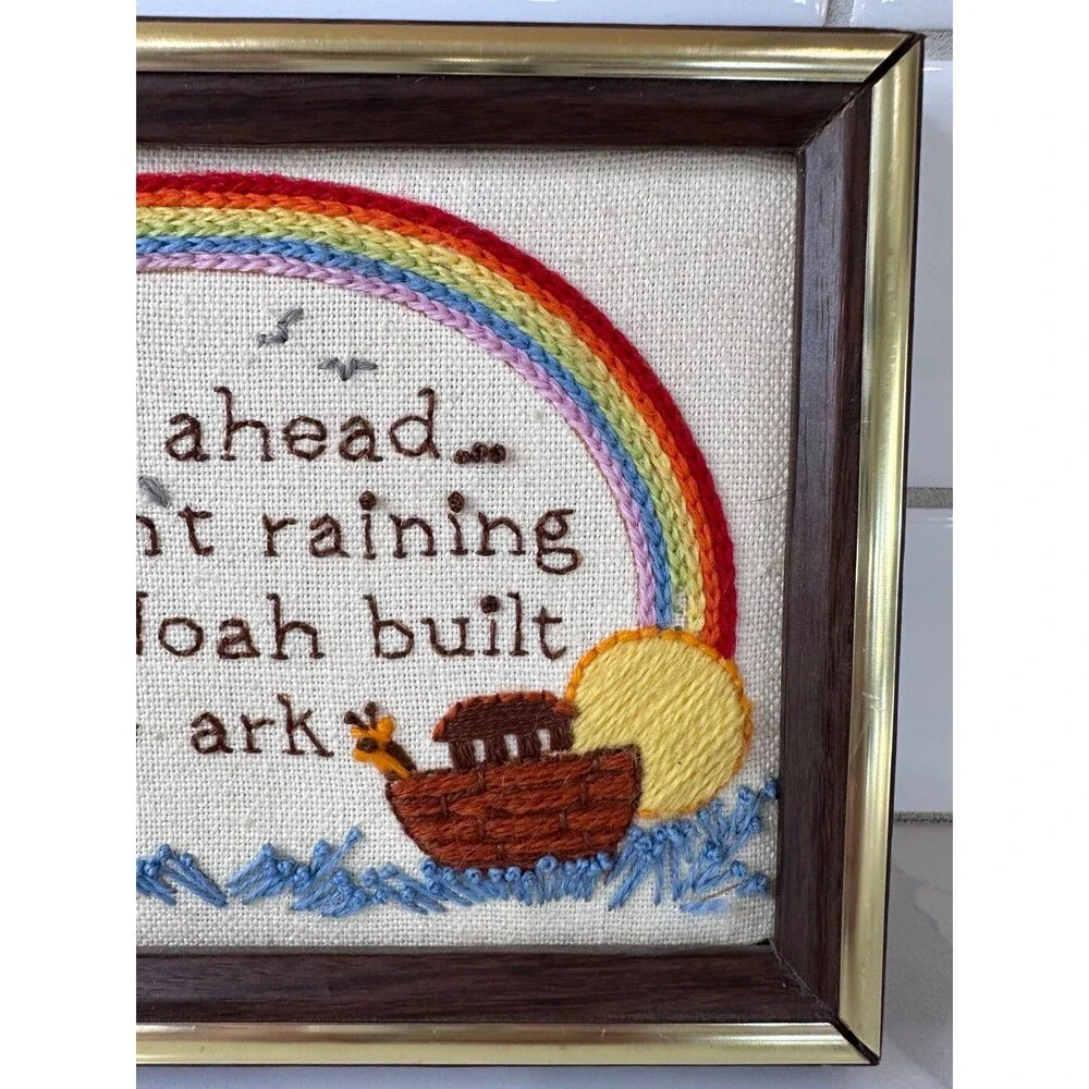 Vintage Handmade Framed Noah's Ark Embroidered Wall Art Rainbow Christian Decor